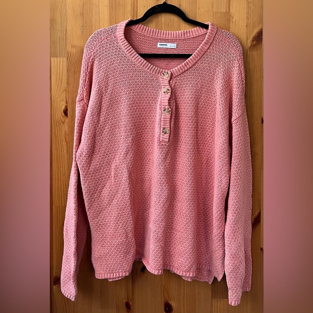 Sonoma Women's Light Orange Long Sleeve Chunky Knit Henley Sweater - Size L